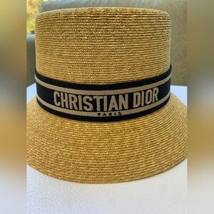 Dior Straw Bucket Hat with Navy Band